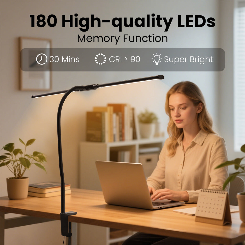 Elladera LED Clip-on Desk Lamp, Double Head Reading Light, Dimmable USB Port Desk