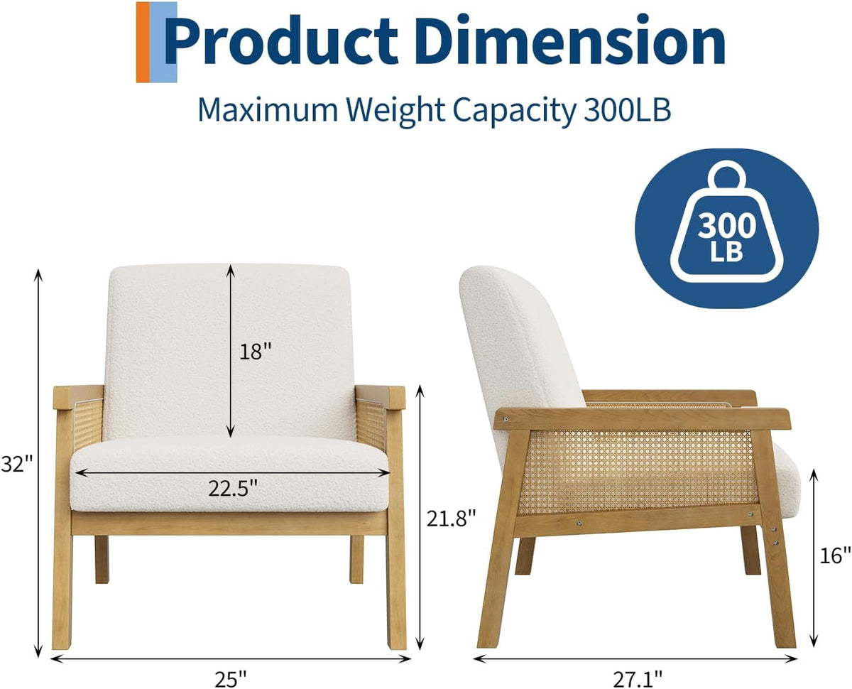 Elladera Boucle Accent Chair, Rattan Armchair with Wooden Frame, High Back