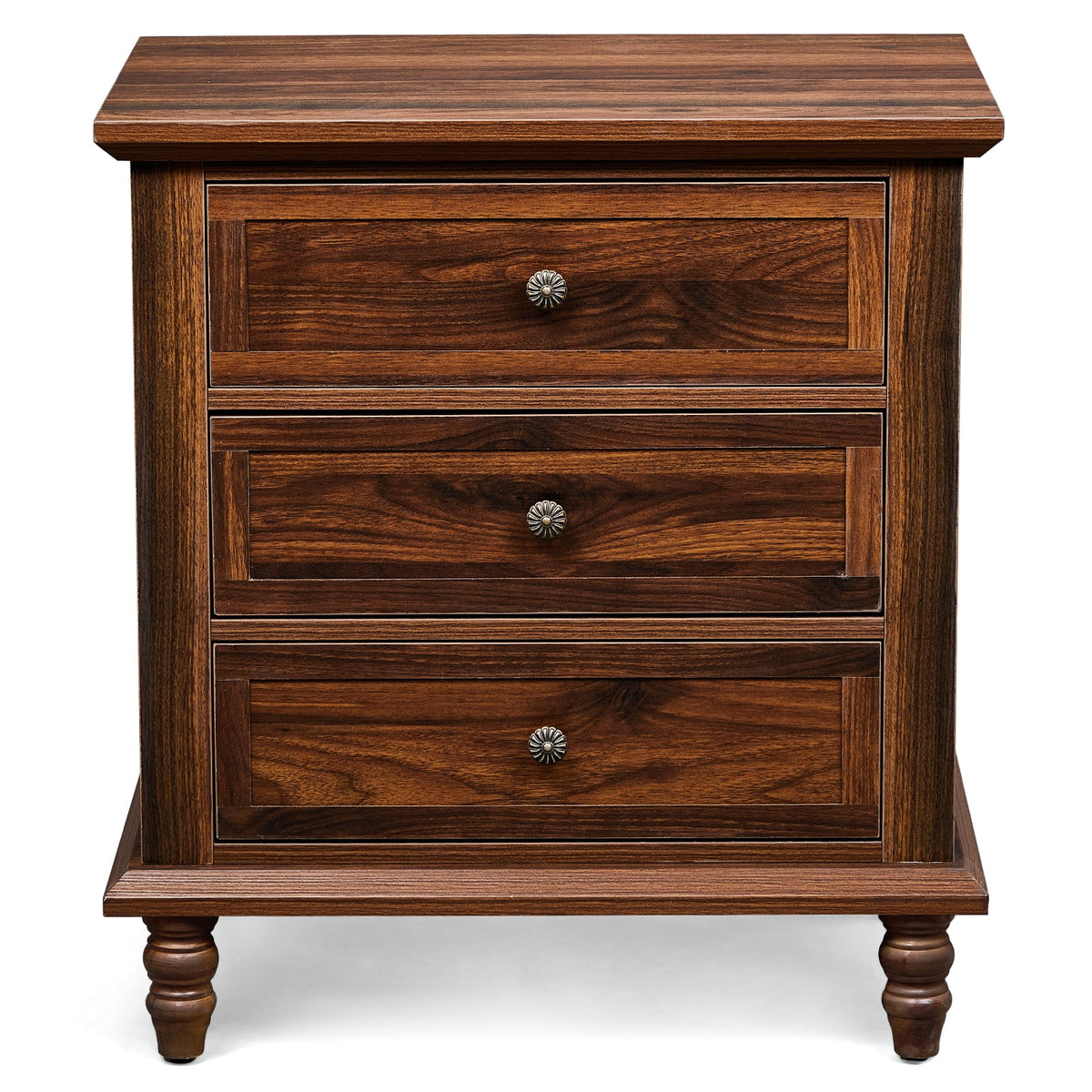 Elladera Solid Wood Nightstand 3 Drawer Traditional Cottage Bedside Table, Brown