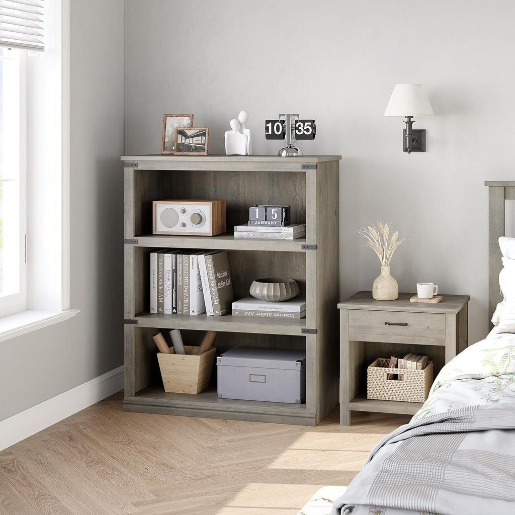 Elladera 3 Tier Bookcase, Farmhouse Book Shelf with Storage Open Display