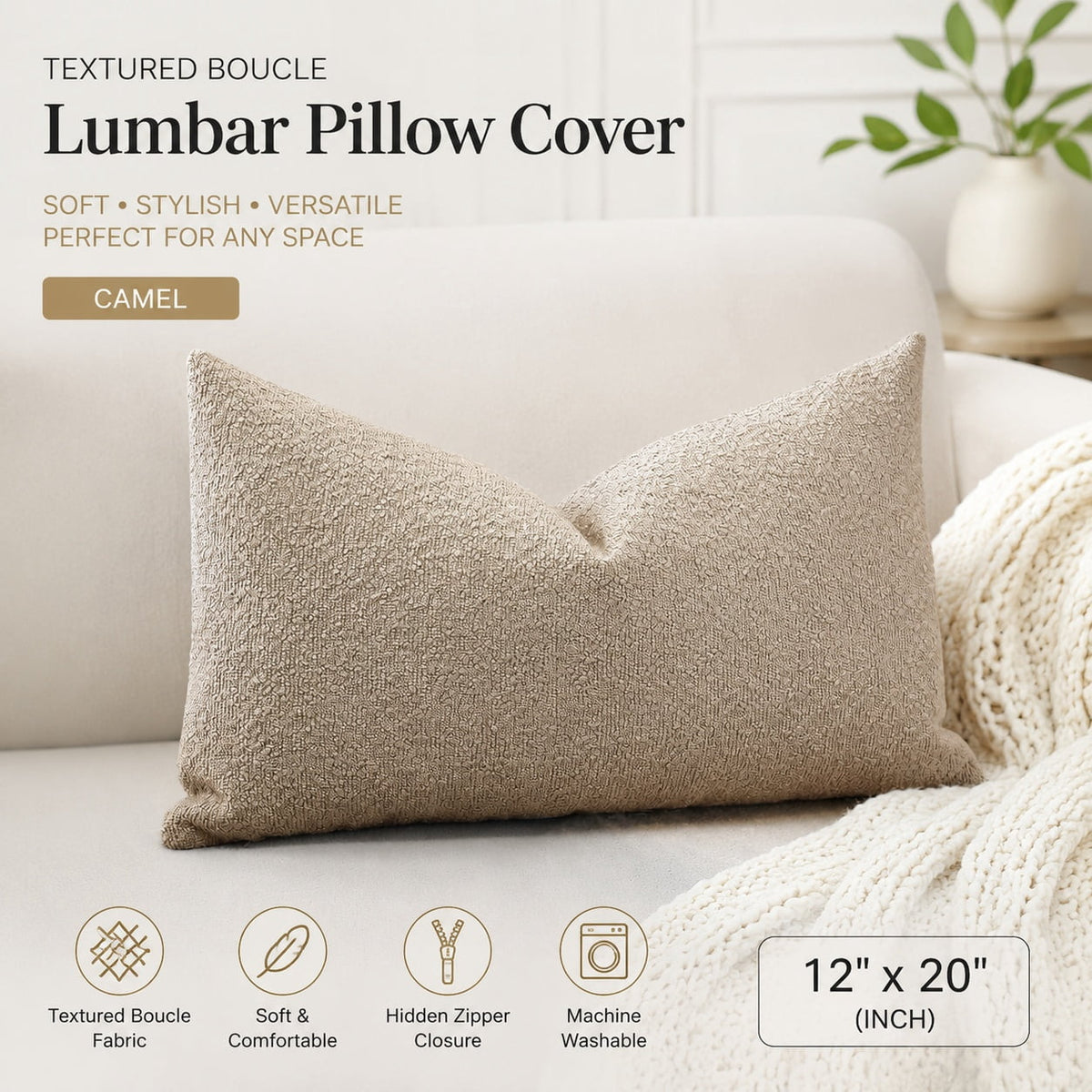 Elladera Set of 1 Textured Boucle Throw Pillow Cover, Square Cozy Soft Decorative