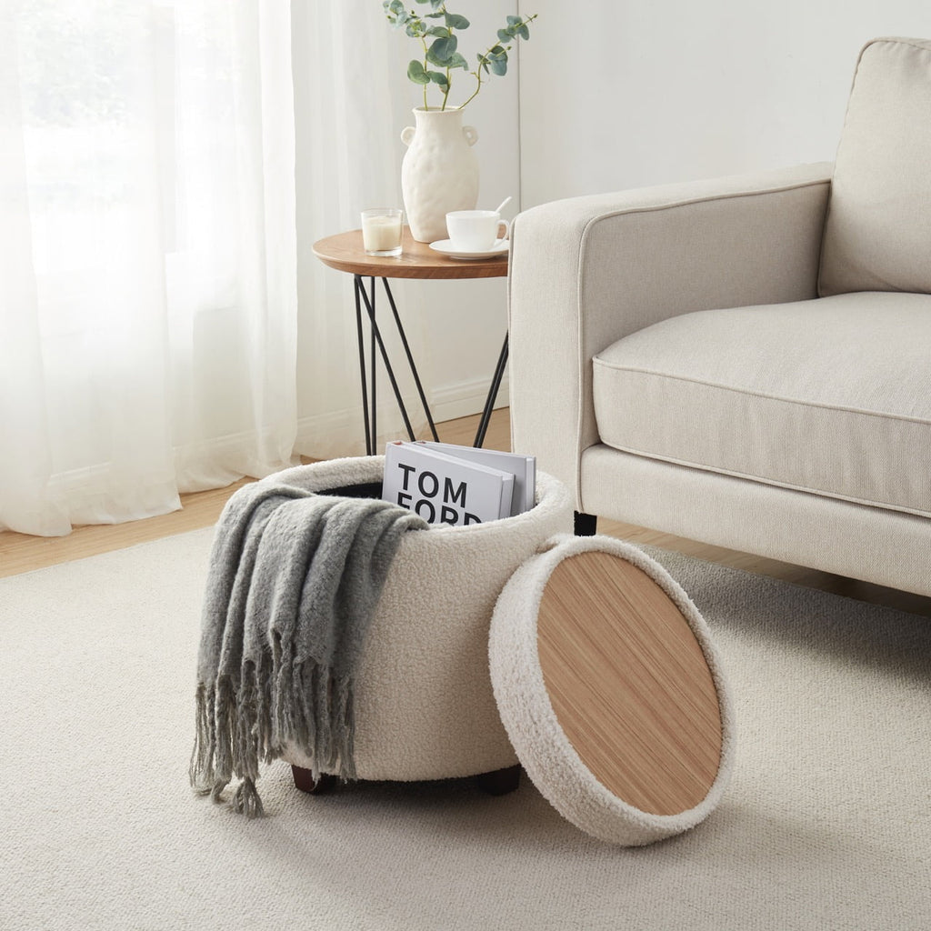 Elladera Ornavo Home Round Storage Ottoman with Reversible Lid, 17in Boucle White