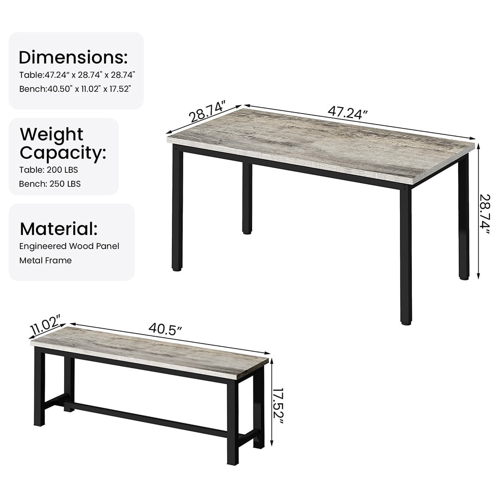 Elladera LinkRomat 3 Piece Dining Room Table Set for 4, 47" Farmhouse Dining Table