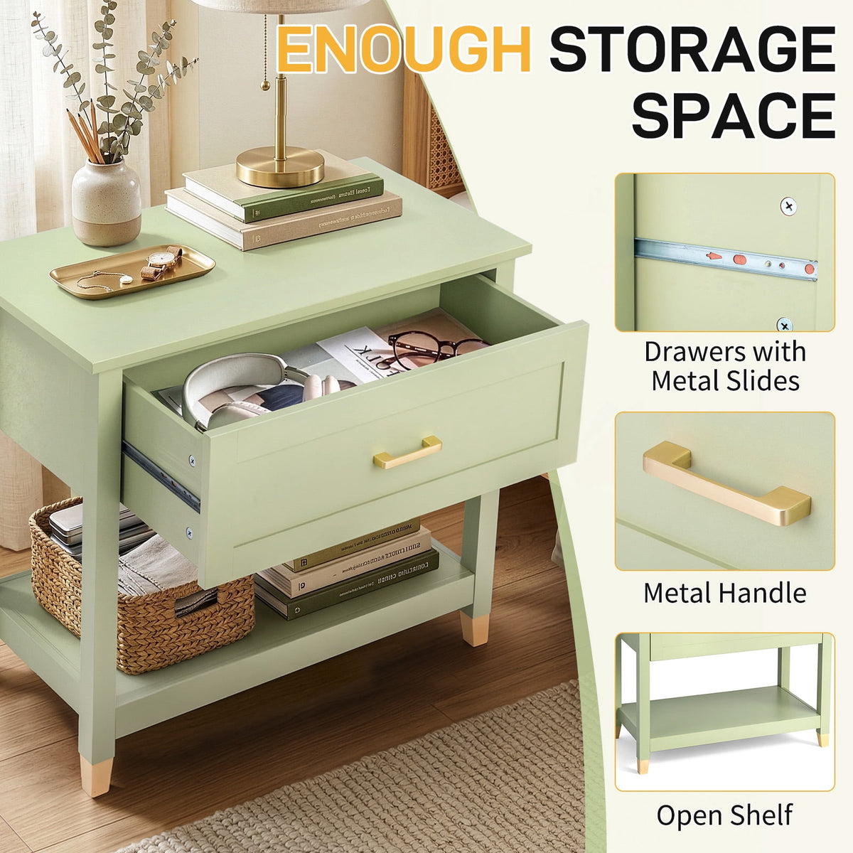 Elladera Solid Wood Nightstand with One Drawer Traditional Cottage Bedside Table, Green
