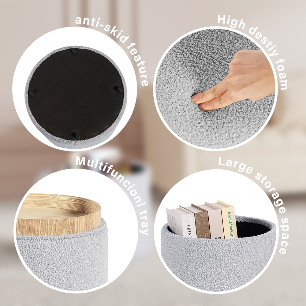 Elladera B FSOBEIIALEO Storage Ottoman Round Boucle Teddy Foot Rest Cube with Wood