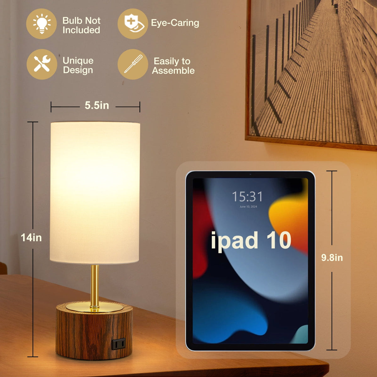 Elladera NATYSWAN Bedside Table Lamps Set of 2,Touch Control Nightstand Lamp with