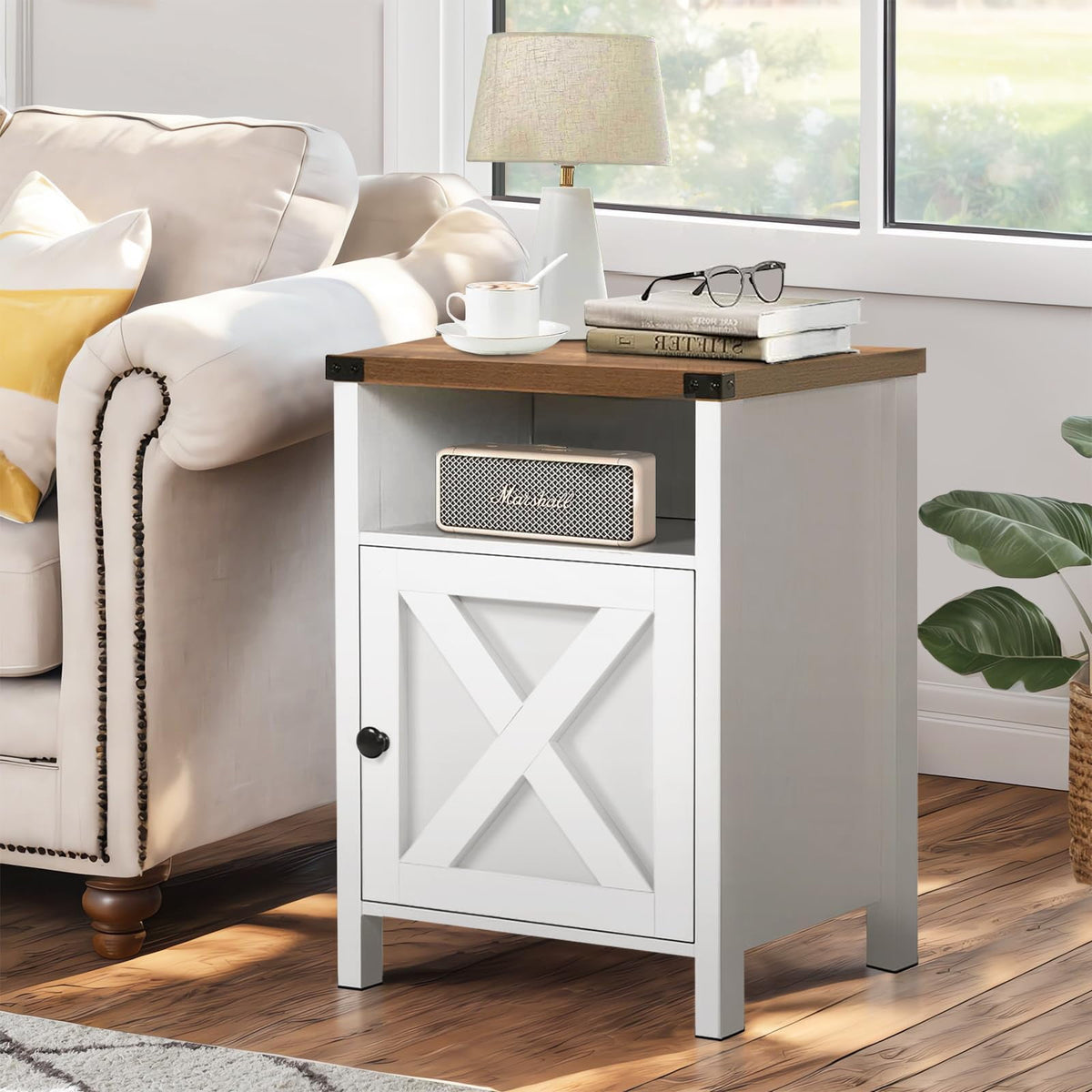 Elladera 4 EVER WINNER Farmhouse Barn Door Side Table Set of 2, Cream White End
