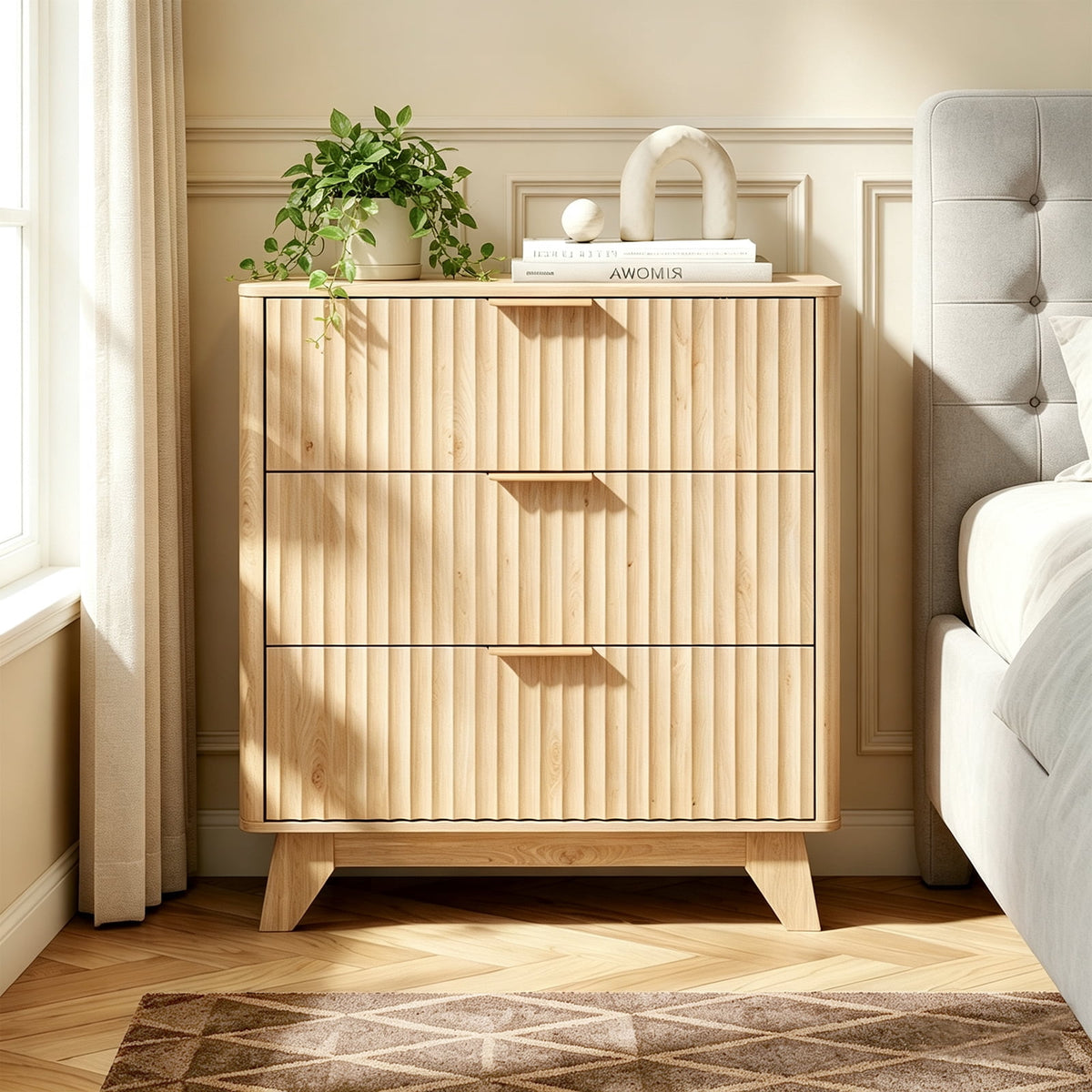 Elladera Solid Wood 3 Drawer Nightstand Fluted Bedside Table End Table, Oak