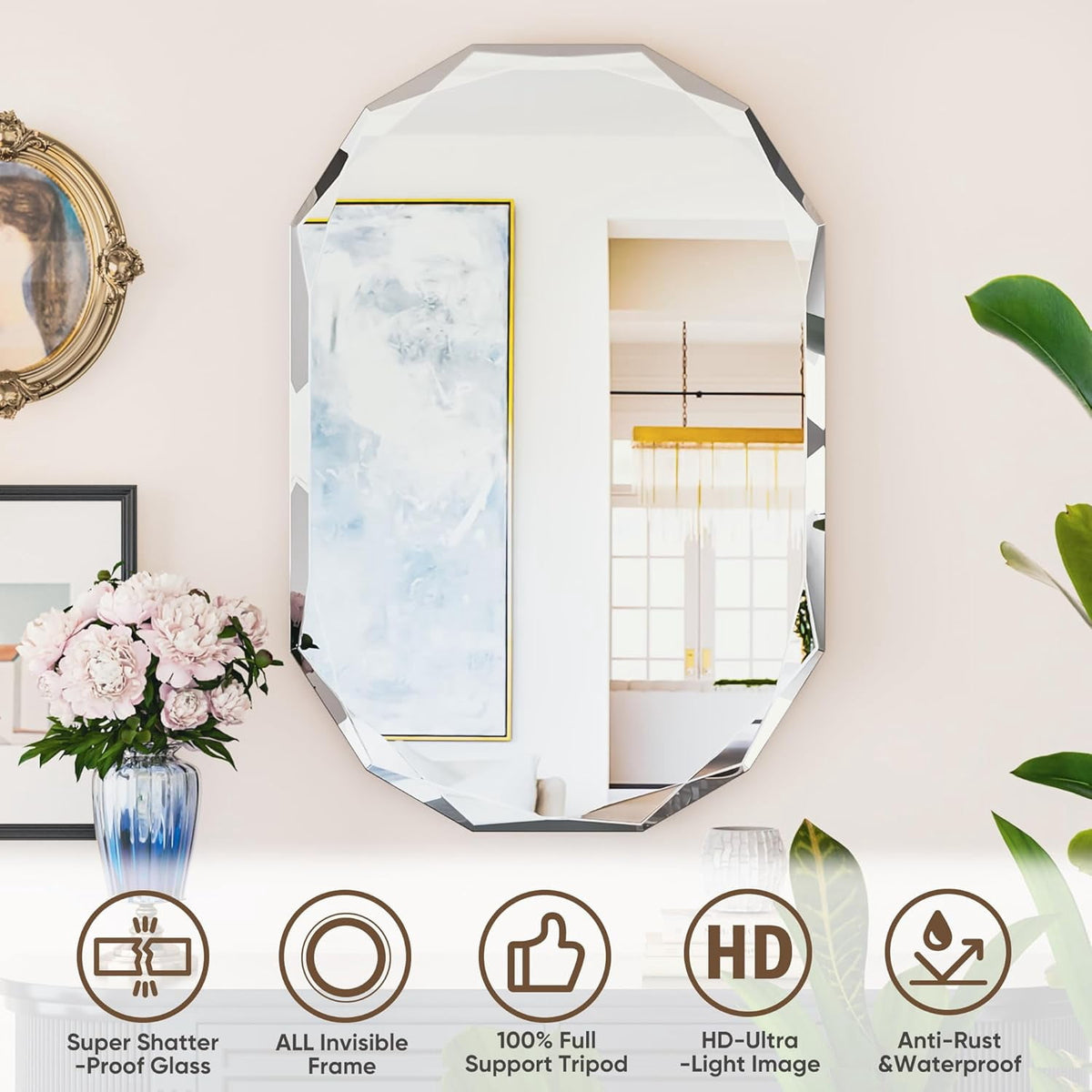 Elladera Cuteday 24×48 Inch Beveled Edge Frameless Bathroom Vanity Mirror, Wall