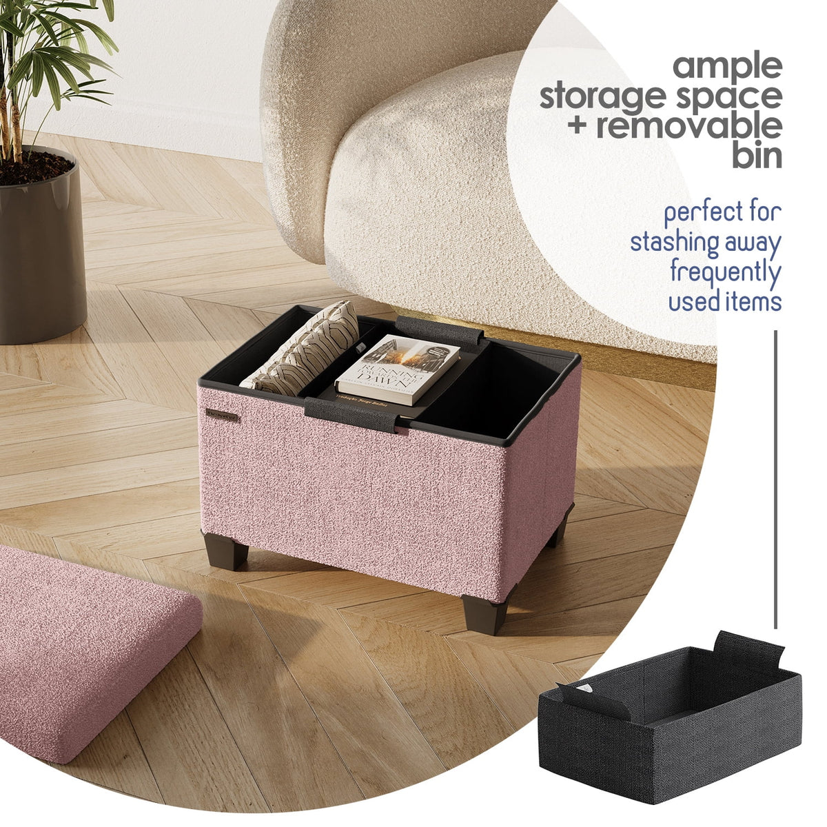 Elladera Hearth & Harbor Storage Ottoman Bench, Boucle 16" Ottoman with Storage, Pink