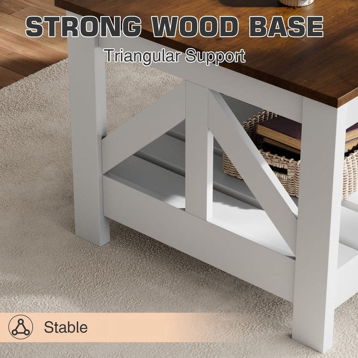 Elladera 39" 2-Tier Farmhouse Coffee Table Wood Center Table with Storage Shelf for