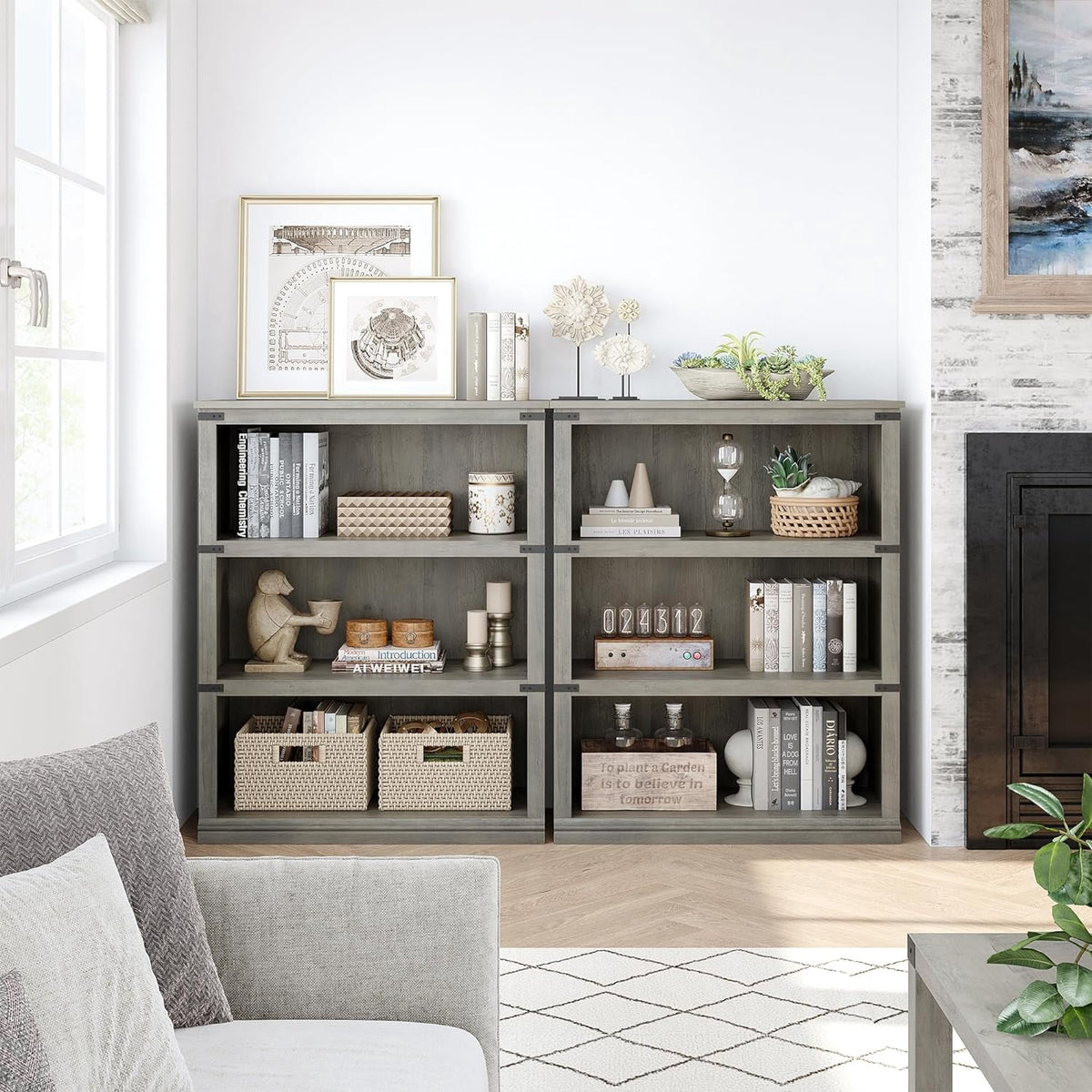 Elladera 3 Tier Bookcase, Farmhouse Book Shelf with Storage Open Display