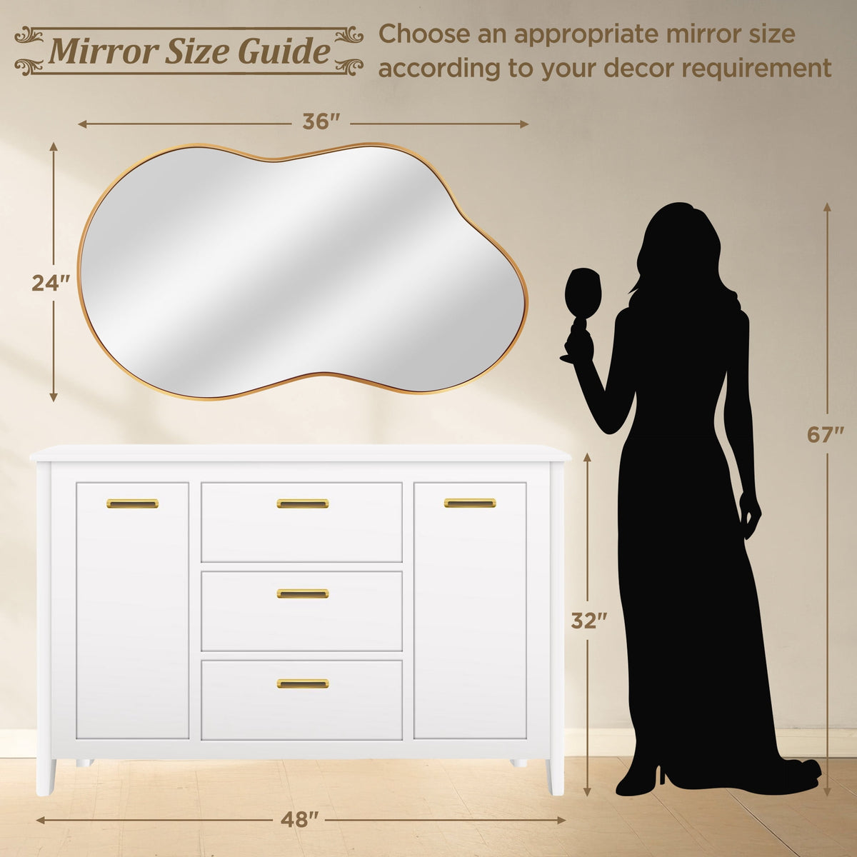 Elladera 24"x36" Irregular Wall Mirror, Cloud Shaped Gold Asymmetrical