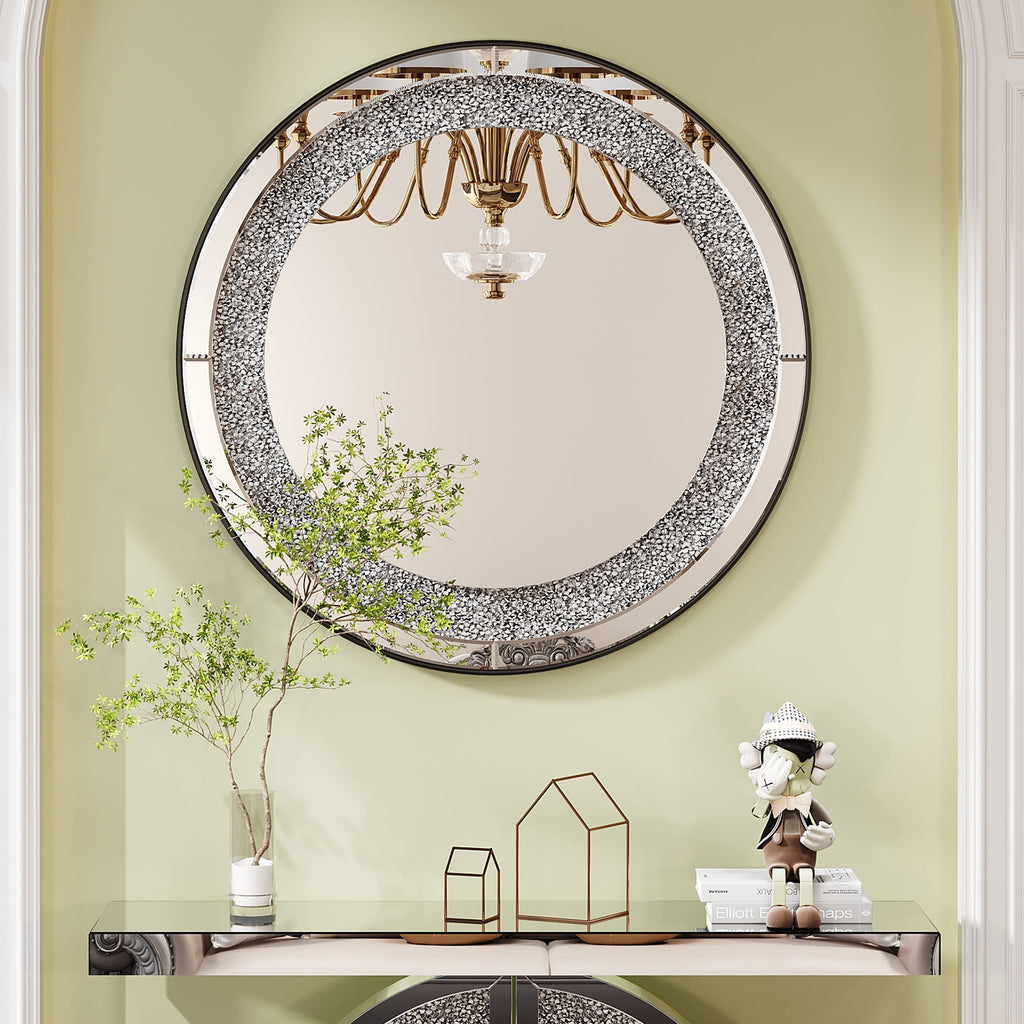 Elladera Modern Crystal Crush Diamond Sparkly Round Silver Wall Mirror- Handcrafted