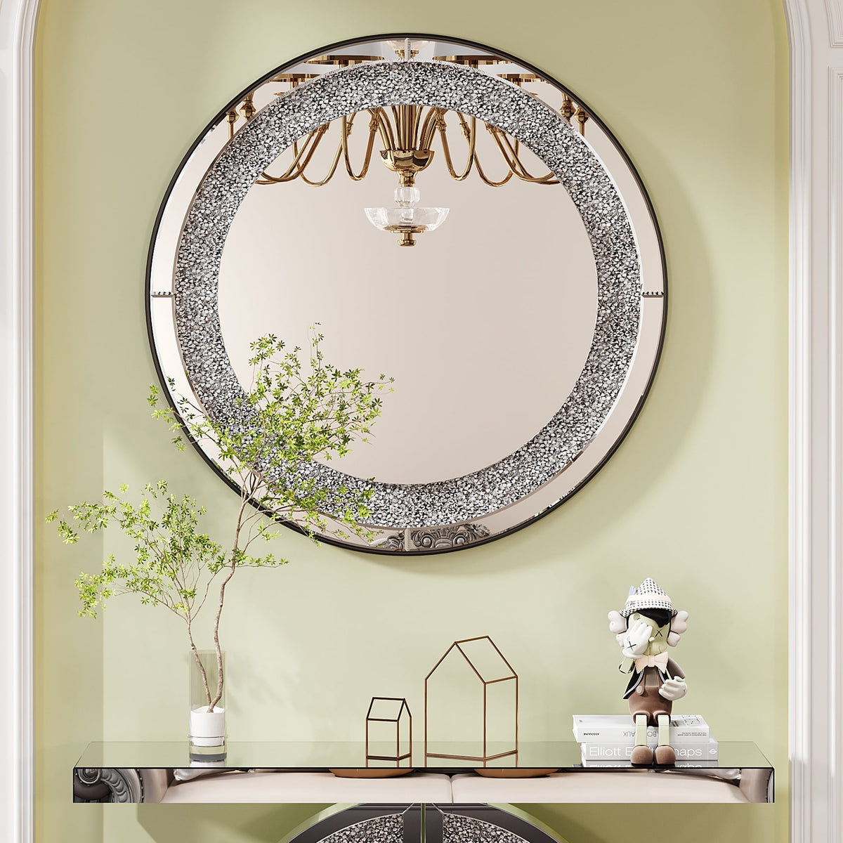 Elladera Modern Crystal Crush Diamond Sparkly Round Silver Wall Mirror- Handcrafted