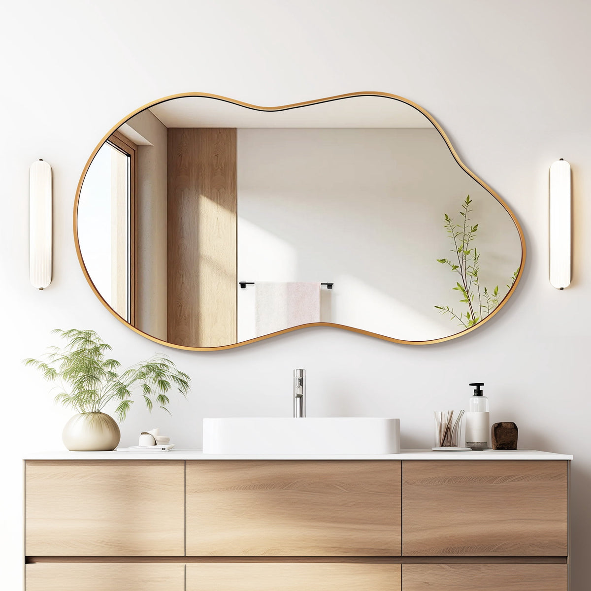 Elladera 24"x36" Irregular Wall Mirror, Cloud Shaped Gold Asymmetrical