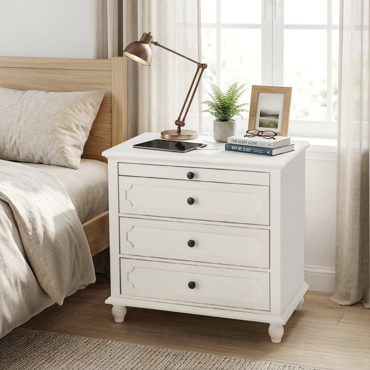 Elladera Solid Wood Nightstand with Outlets & USB Ports, 3 Drawer Traditional